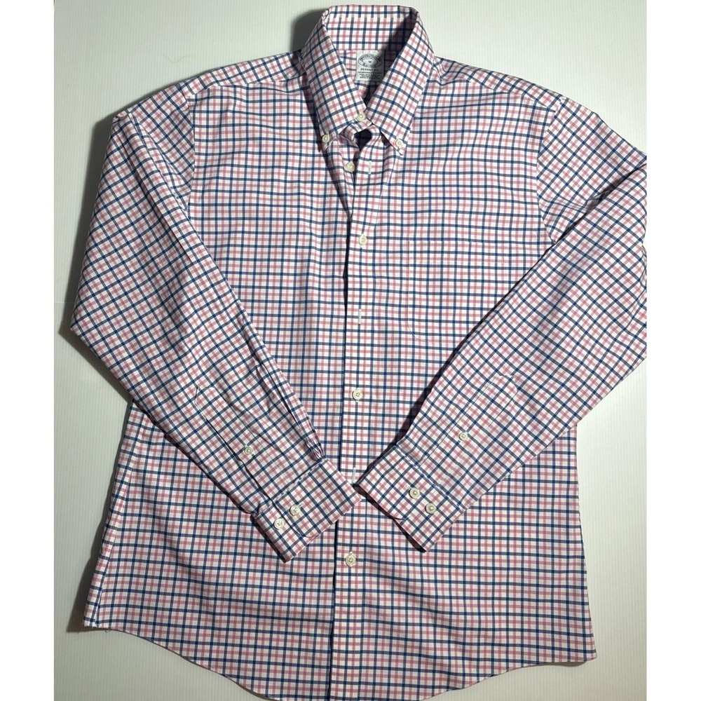 Brooks Brothers Regent Fit Shirt M White Blue Pink Plaid Button Up